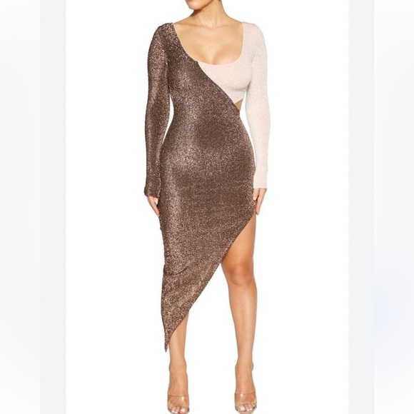 NAKED WARDROBE Cutout Long Sleeve Side Slit Dress In pink copper - Picture 2 of 8